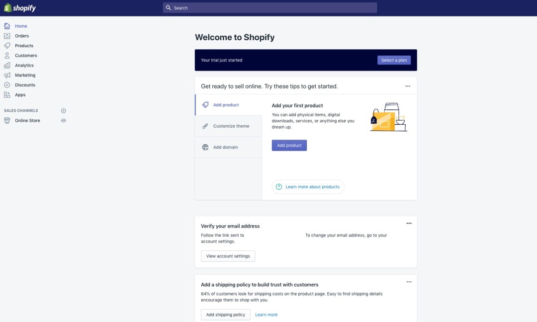 shopify store setup admin