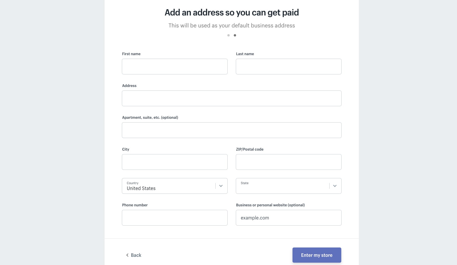 shopify store setup payment address